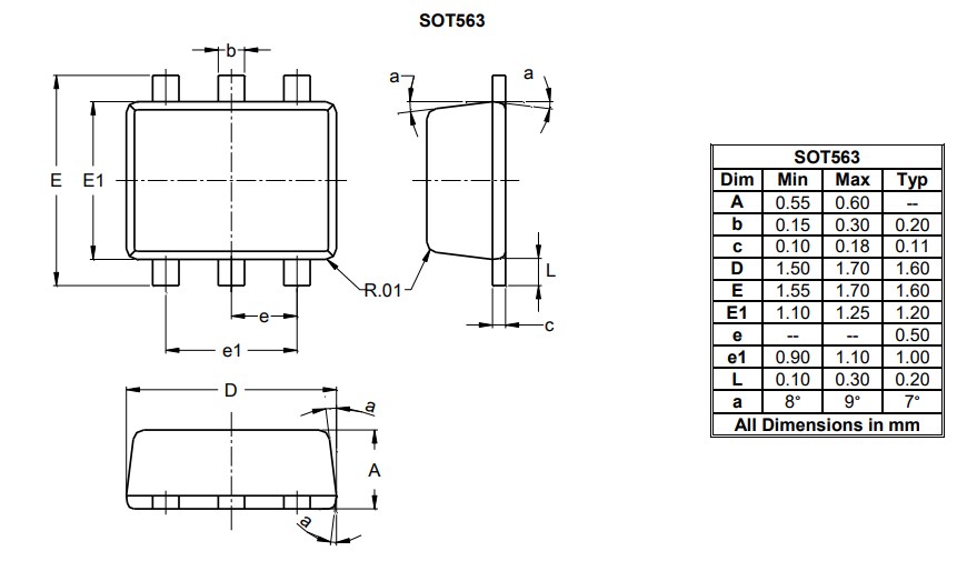 Mechanical Drawing - Diodes Incorporated DMN52D0UV N-Channel Enhancement Mode MOSFET